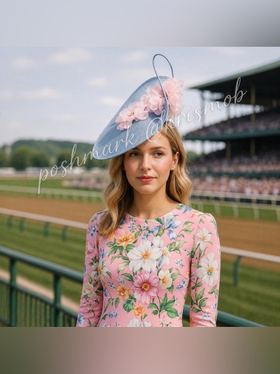 Blue Kentucky Derby Fascinator Hat with Pink Flowers